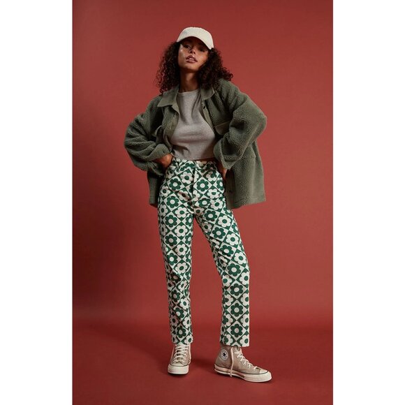 PacSun Retro Floral Print Pants Green White High Rise Straight Leg Jeans - Picture 1 of 6
